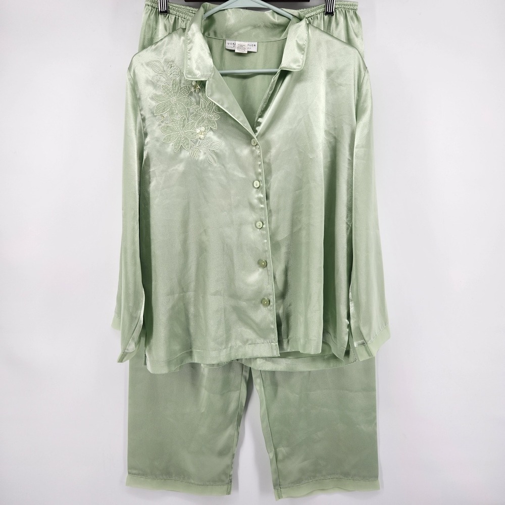 Morgan Taylor Intimates Pajama Set Womens Large Sage Green Satin Floral Beaded